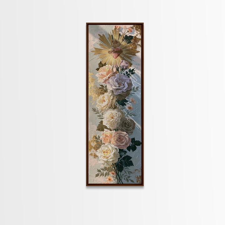 Sacred Heart with Roses and Gold Rays Canvas Print, Spiritual Art, Luxury Decor, Living Room Decor, Fine Art, Spirit, SPI-1x3-2