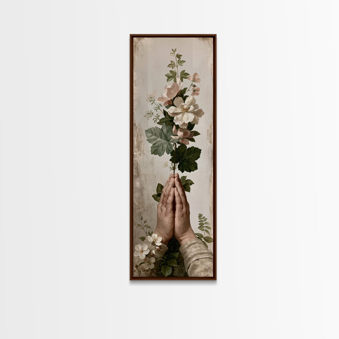 Prayer Hands with Botanical Details Framed Canvas Print, Spiritual Art, Canvas Wall Art, Living Room Decor, Watercolor Art, SPI-1x3-69