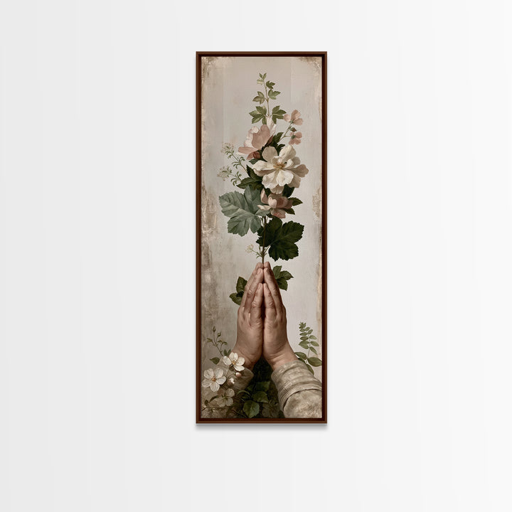 Prayer Hands with Botanical Details Framed Canvas Print, Spiritual Art, Canvas Wall Art, Living Room Decor, Watercolor Art, SPI-1x3-69