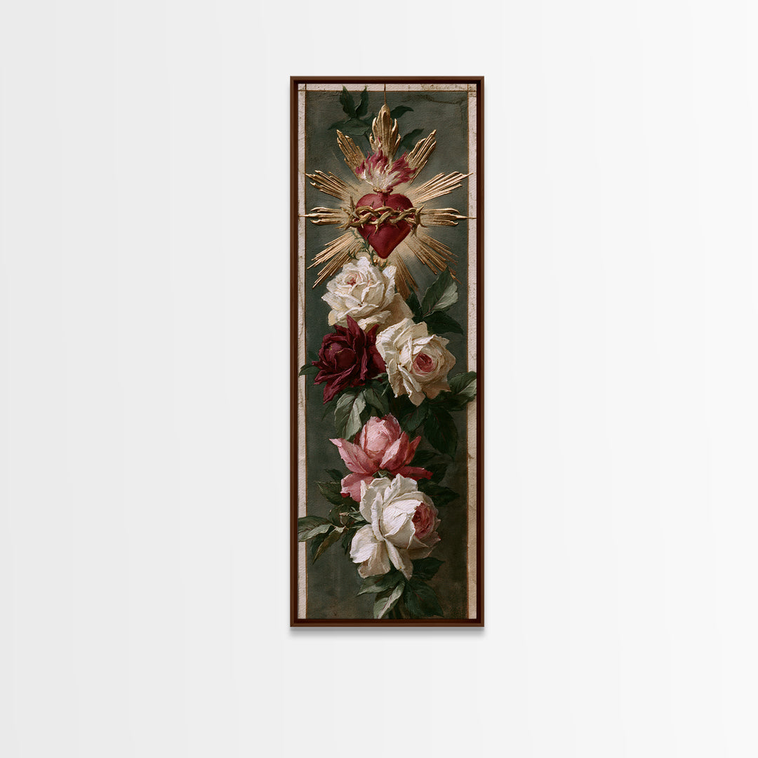 Sacred Heart with Roses and Gold Rays Canvas Print, Spiritual Art, Art Print, Living Room Decor, Spirit, Boho Wall Art, SPI-1x3-98