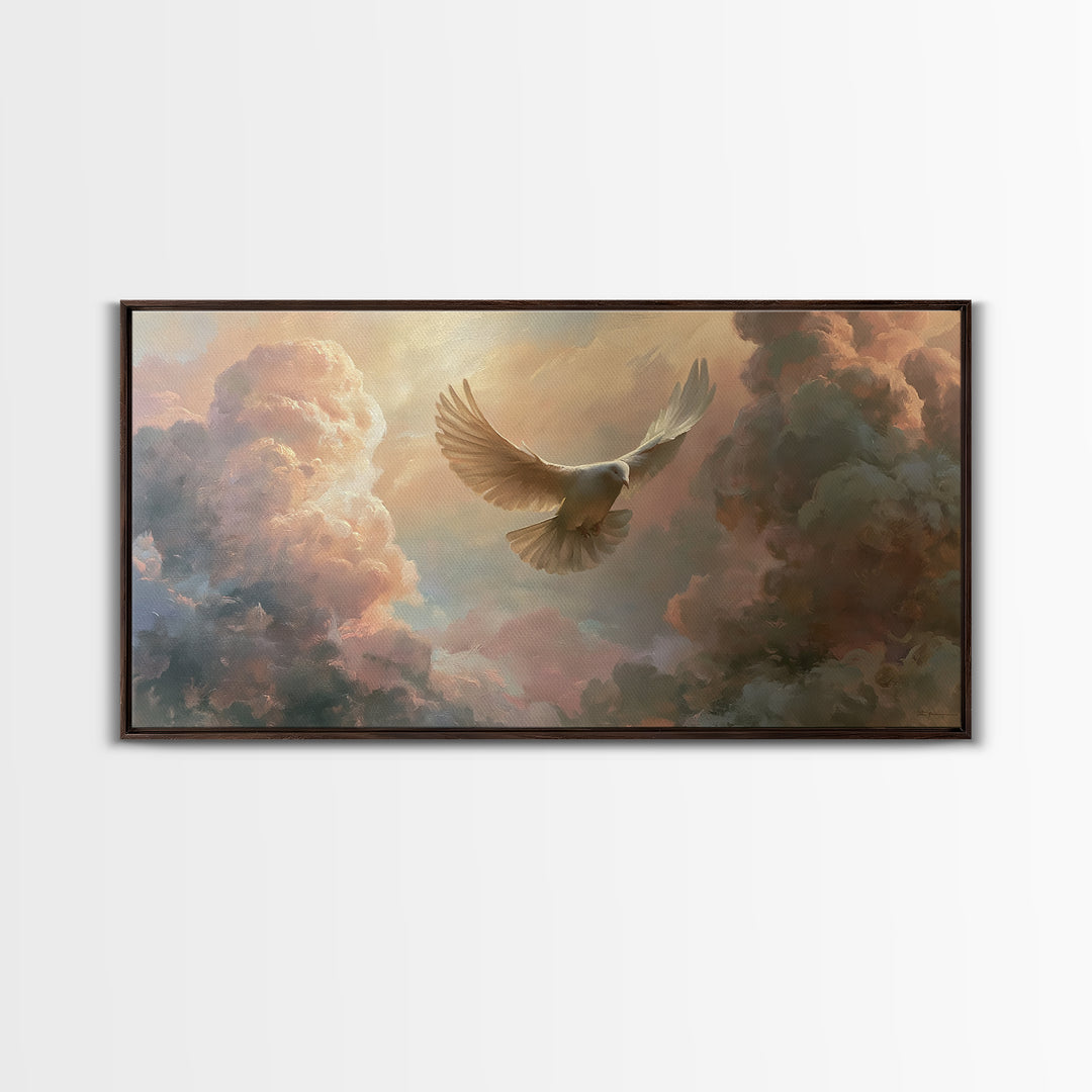 Dove Flying Through Radiant Clouds Framed Canvas Print, Spiritual Art, Funky Wall Art, Living Room Decor, Fine Art, Spirit, SPI-2x1-1