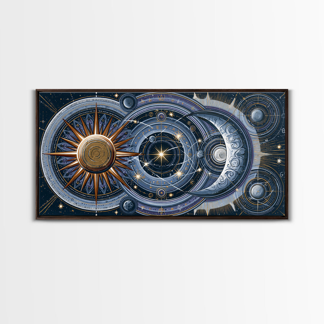 Sun and Moon Spiritual Balance Composition Framed Canvas Print, Spiritual Art, Trendy Wall Art, Living Room Decor, Spirit, SPI-2x1-100
