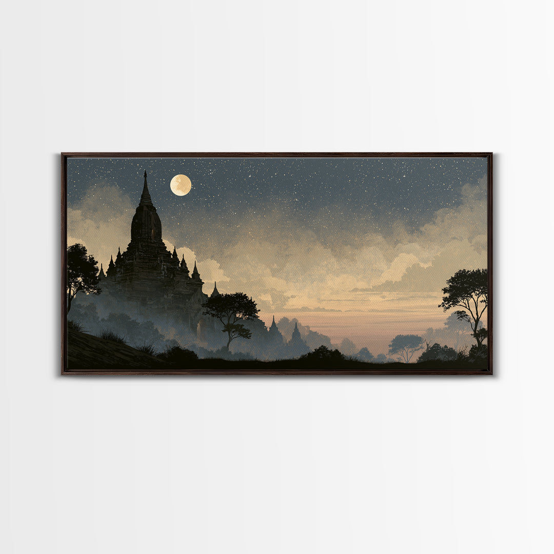 Ancient Temple Silhouette Framed Canvas Print, Spiritual Art, Living Room Decor, Watercolor Art, Spirit, Abstract Wall Art, SPI-2x1-15