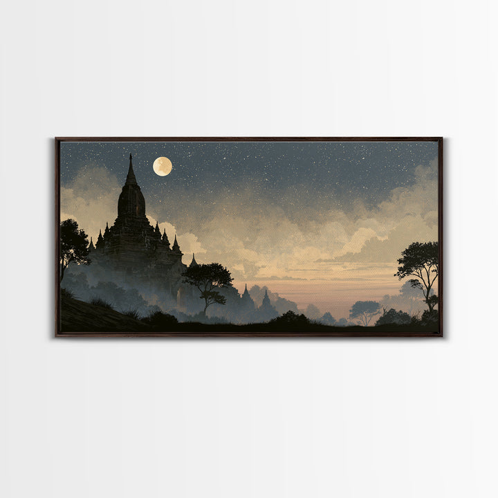 Ancient Temple Silhouette Framed Canvas Print, Spiritual Art, Living Room Decor, Watercolor Art, Spirit, Abstract Wall Art, SPI-2x1-15