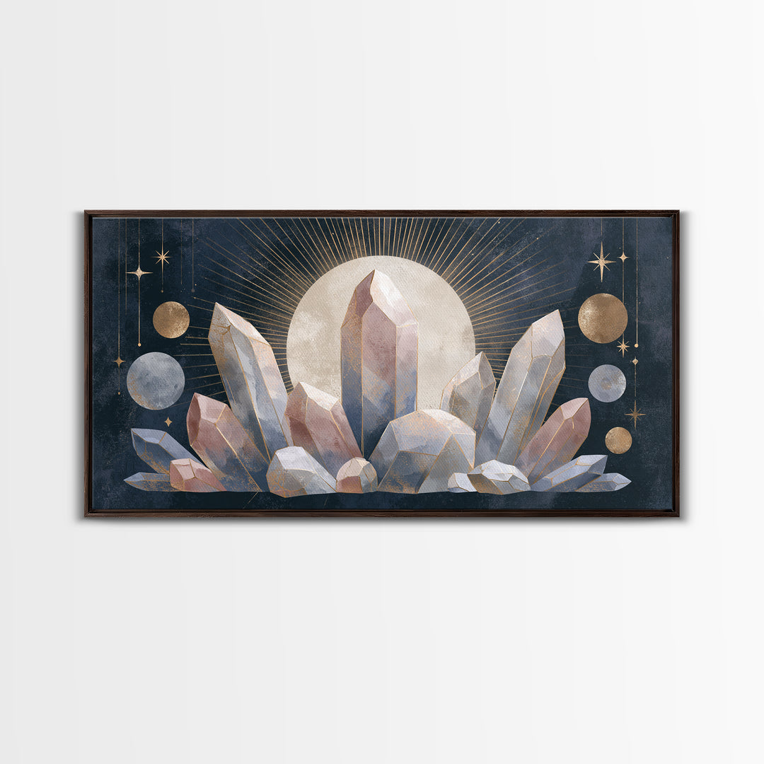Crystal Cluster with Moonlight Reflections Framed Canvas Print, Spiritual Art, Digital Print, Living Room Decor, Spirit, SPI-2x1-33