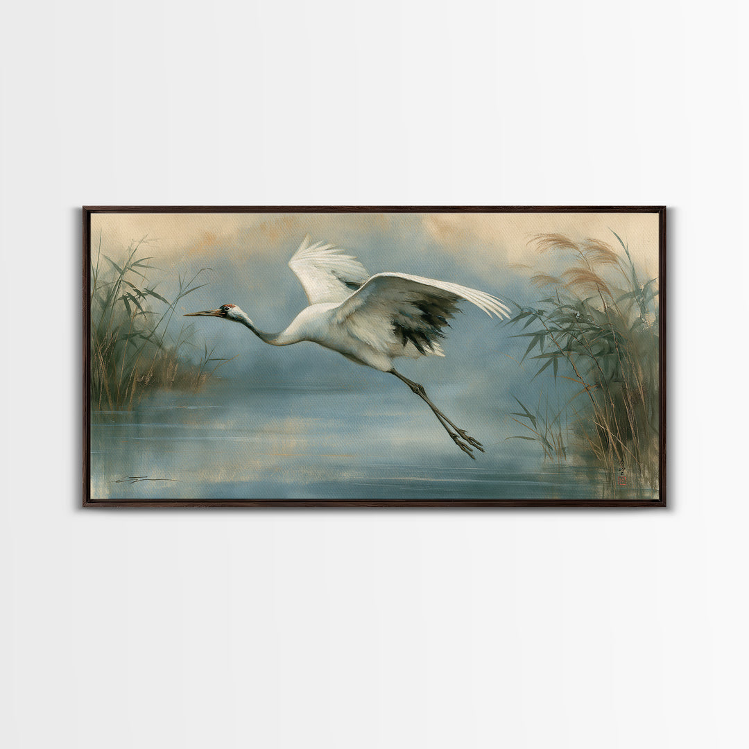 White Crane Flying Canvas Print, Spiritual Art, Minimalist Decor, Living Room Decor, Fine Art, Spirit, Wall Art Prints, SPI-2x1-44