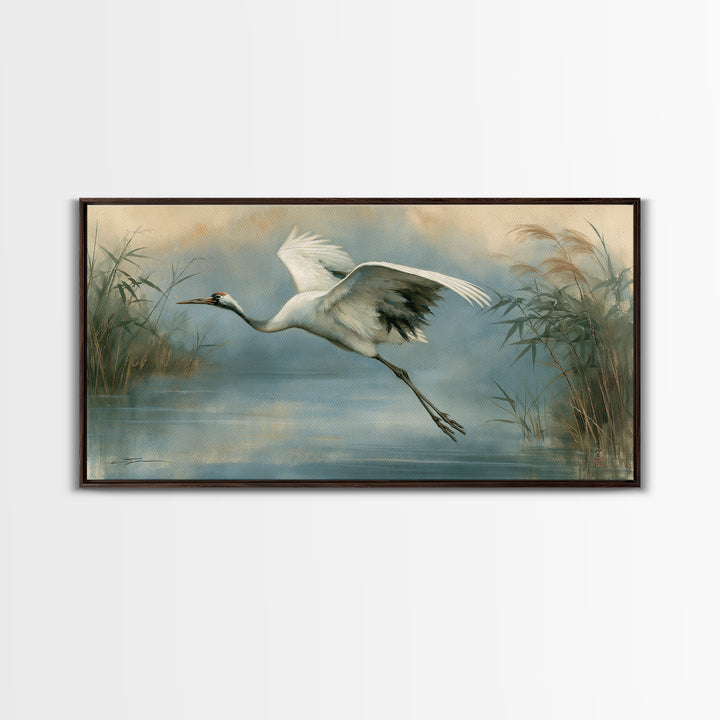 White Crane Flying Canvas Print, Spiritual Art, Minimalist Decor, Living Room Decor, Fine Art, Spirit, Wall Art Prints, SPI-2x1-44