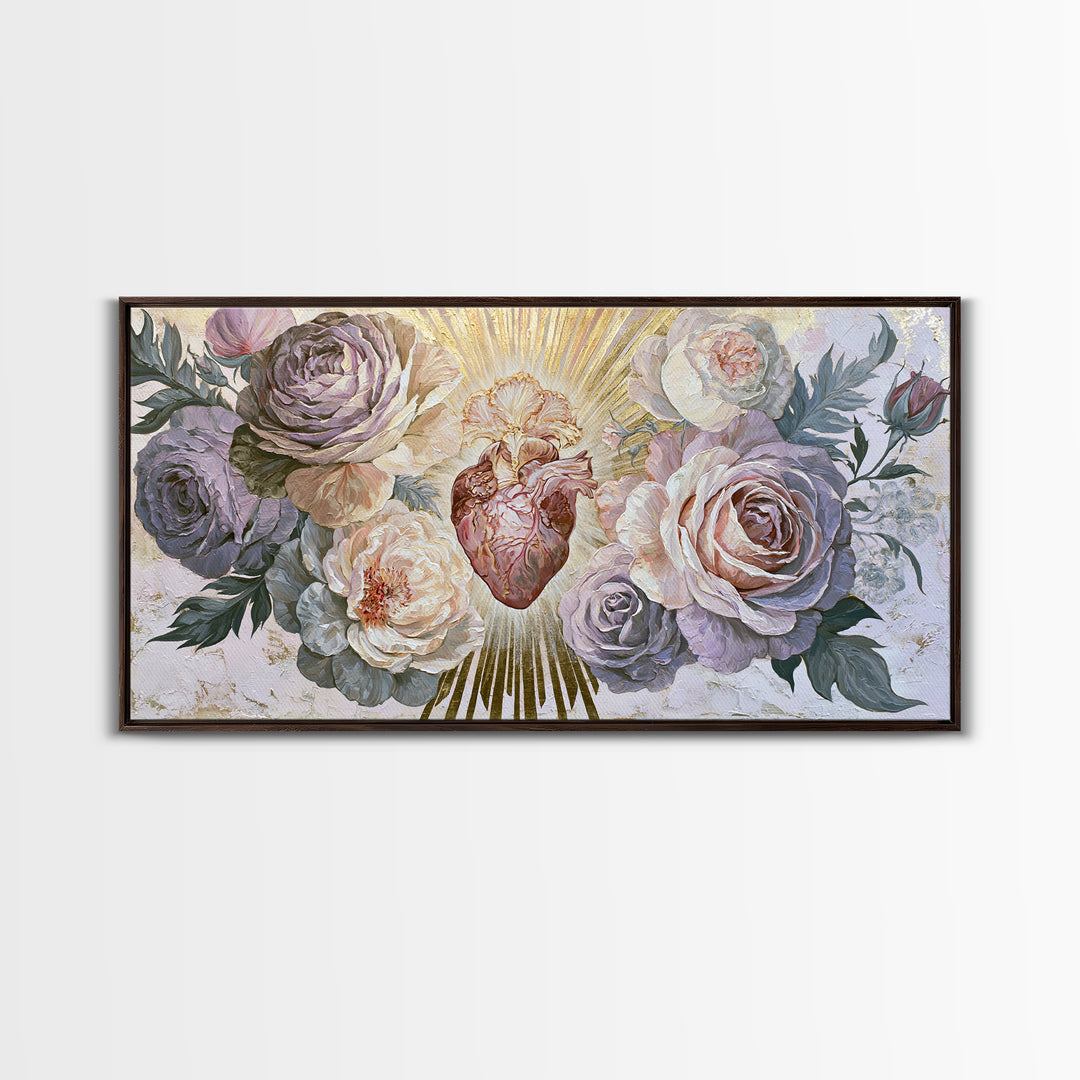 Sacred Heart with Roses and Gold Rays Canvas Print, Spiritual Art, Framed Wall Art, Living Room Decor, Fine Art, Spirit, SPI-2x1-58