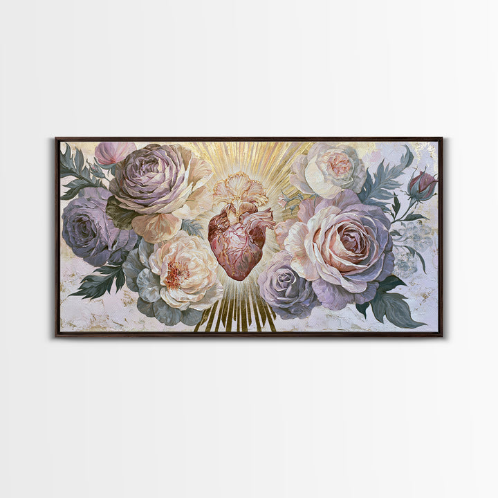 Sacred Heart with Roses and Gold Rays Canvas Print, Spiritual Art, Framed Wall Art, Living Room Decor, Fine Art, Spirit, SPI-2x1-58