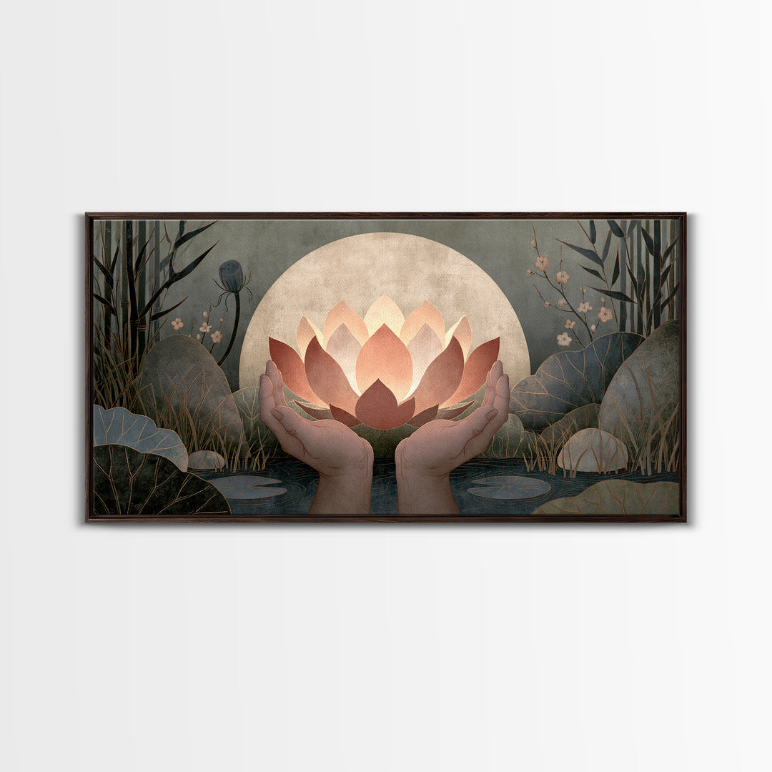 Hands Holding a Glowing Lotus Canvas Print, Spiritual Art, Neutral Decor, Living Room Decor, Abstract Art, Spirit, Wall Decor, SPI-2x1-71