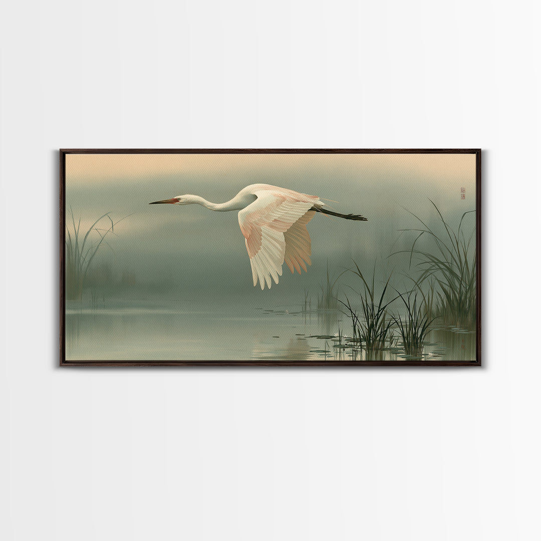 White Crane Flying Framed Canvas Print, Spiritual Art, Black Art, Living Room Decor, Fine Art, Spirit, Christian Decor, SPI-2x1-92