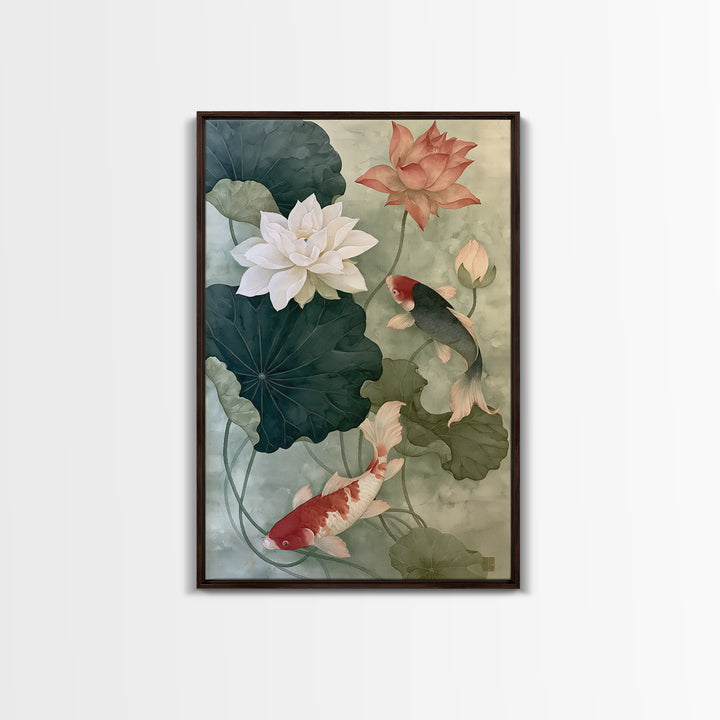 Lotus and Koi Framed Canvas Print, Spiritual Art, Digital Art, Living Room Decor, Abstract Art, Spirit, Funky Wall Art, SPI-2x3-2