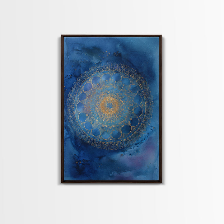Gold Mandala on Deep Blue Background Framed Canvas Print, Spiritual Art, Digital Prints, Living Room Decor, Watercolor Art, SPI-2x3-36