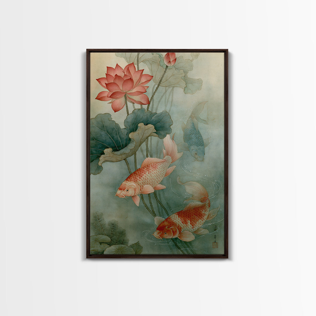 Lotus and Koi Canvas Print, Spiritual Art, Framed Wall Art, Living Room Decor, Fine Art, Spirit, Digital Poster, SPI-2x3-50