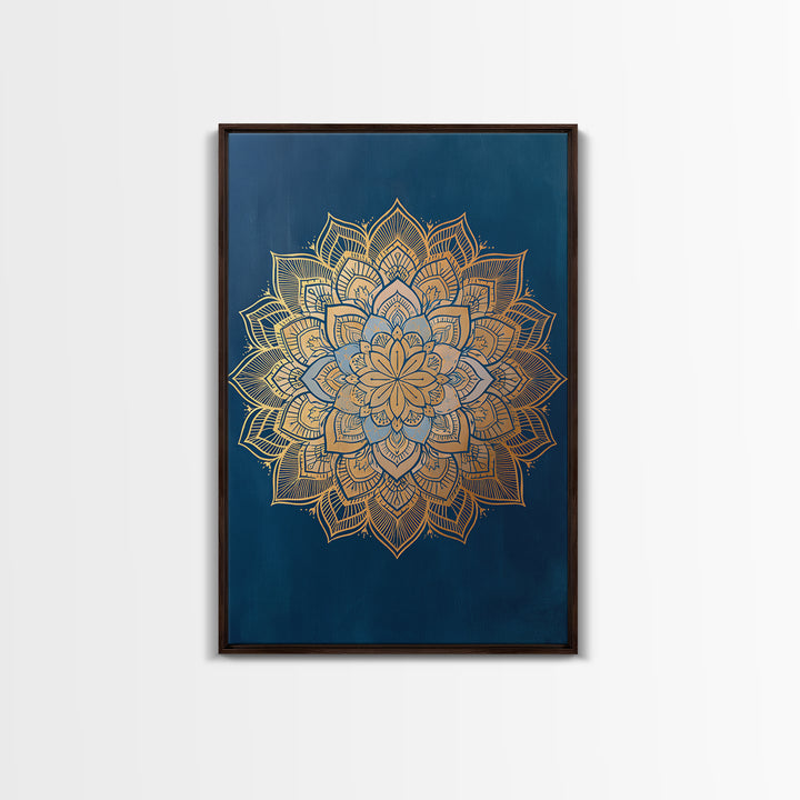 Gold Mandala on Deep Blue Background Framed Canvas Print, Spiritual Art, Christian Decor, Living Room Decor, Fine Art, Spirit, SPI-2x3-60