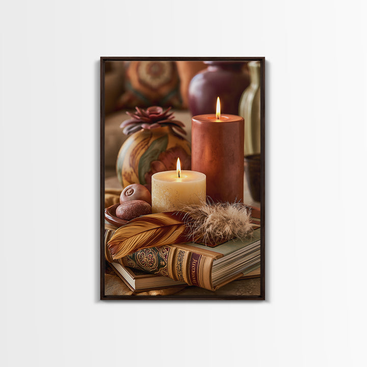 Candle and Feather Still Life Framed Canvas Print, Spiritual Art, Art, Living Room Decor, Fine Art, Spirit, Canvas Wall Art, SPI-2x3-76