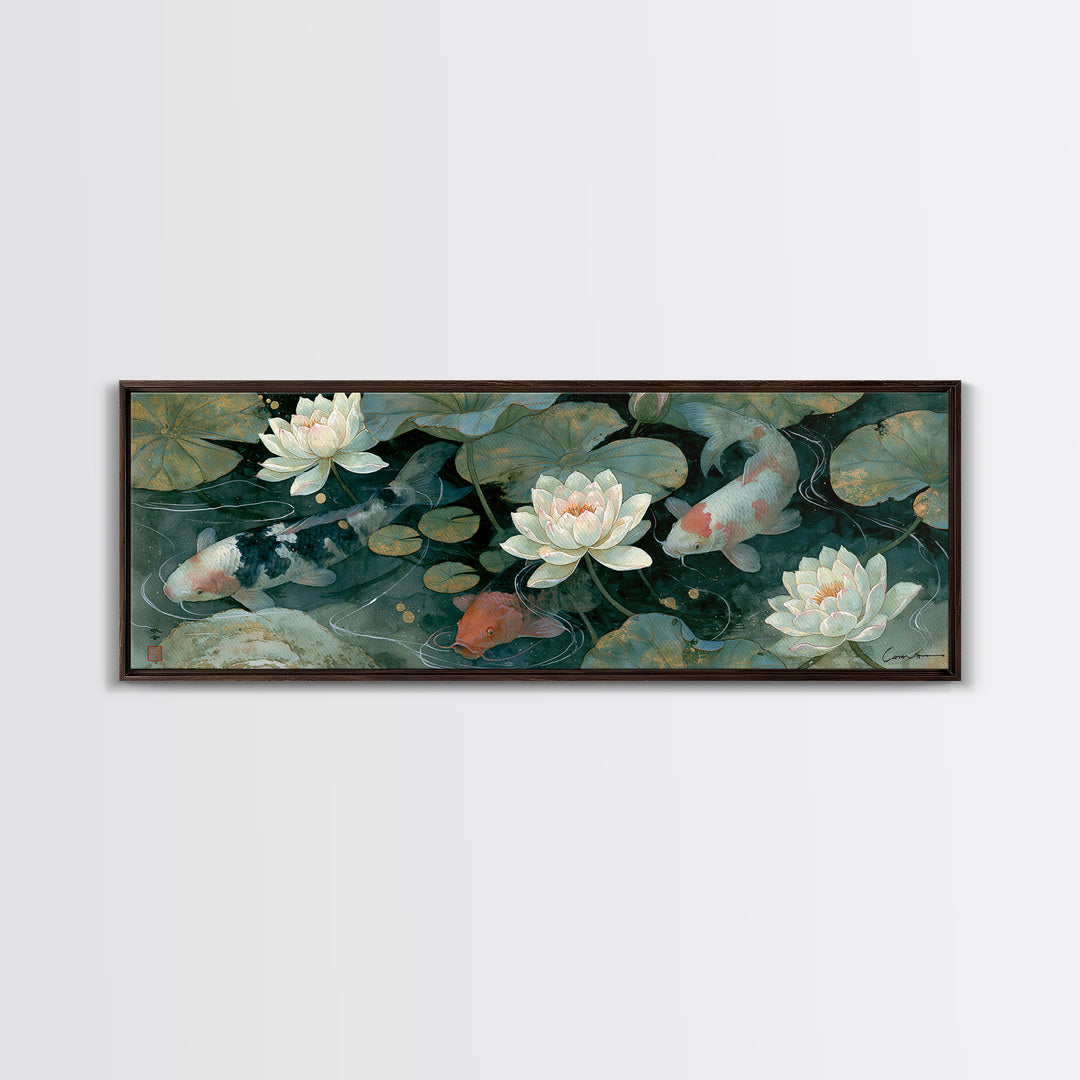 Lotus and Koi Framed Canvas Print, Spiritual Art, Canvas Wall Art, Living Room Decor, Fine Art, Spirit, Contemporary Art, SPI-3x1-10