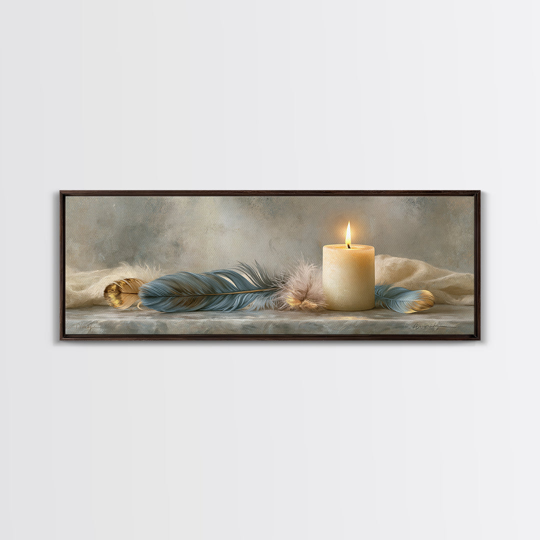 Candle and Feather Still Life Framed Canvas Print, Spiritual Art, Digital Poster, Living Room Decor, Fine Art, Spirit, SPI-3x1-12