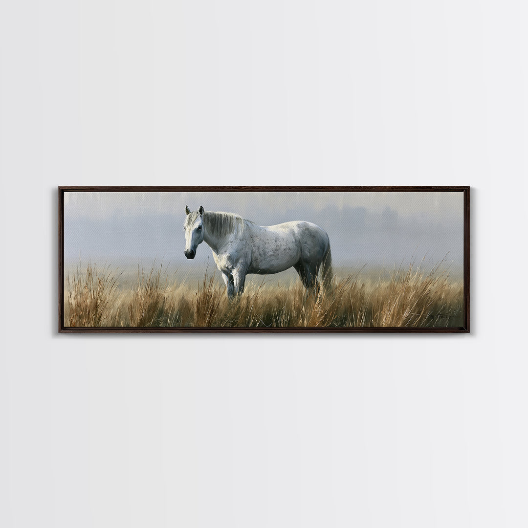 White Horse in Misty Sacred Landscape Framed Canvas Print, Spiritual Art, Abstract Wall Art, Living Room Decor, Spirit, SPI-3x1-2