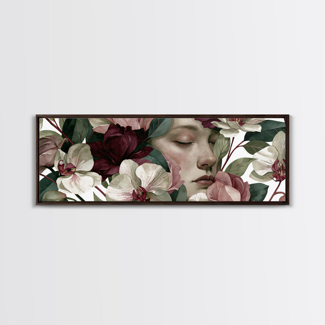 Serene Face with Closed Eyes and Flowers Canvas Print, Spiritual Art, Canvas Painting, Living Room Decor, Watercolor Art, SPI-3x1-4