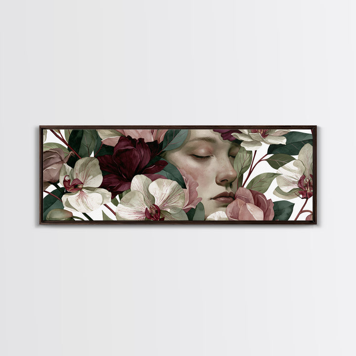 Serene Face with Closed Eyes and Flowers Canvas Print, Spiritual Art, Canvas Painting, Living Room Decor, Watercolor Art, SPI-3x1-4