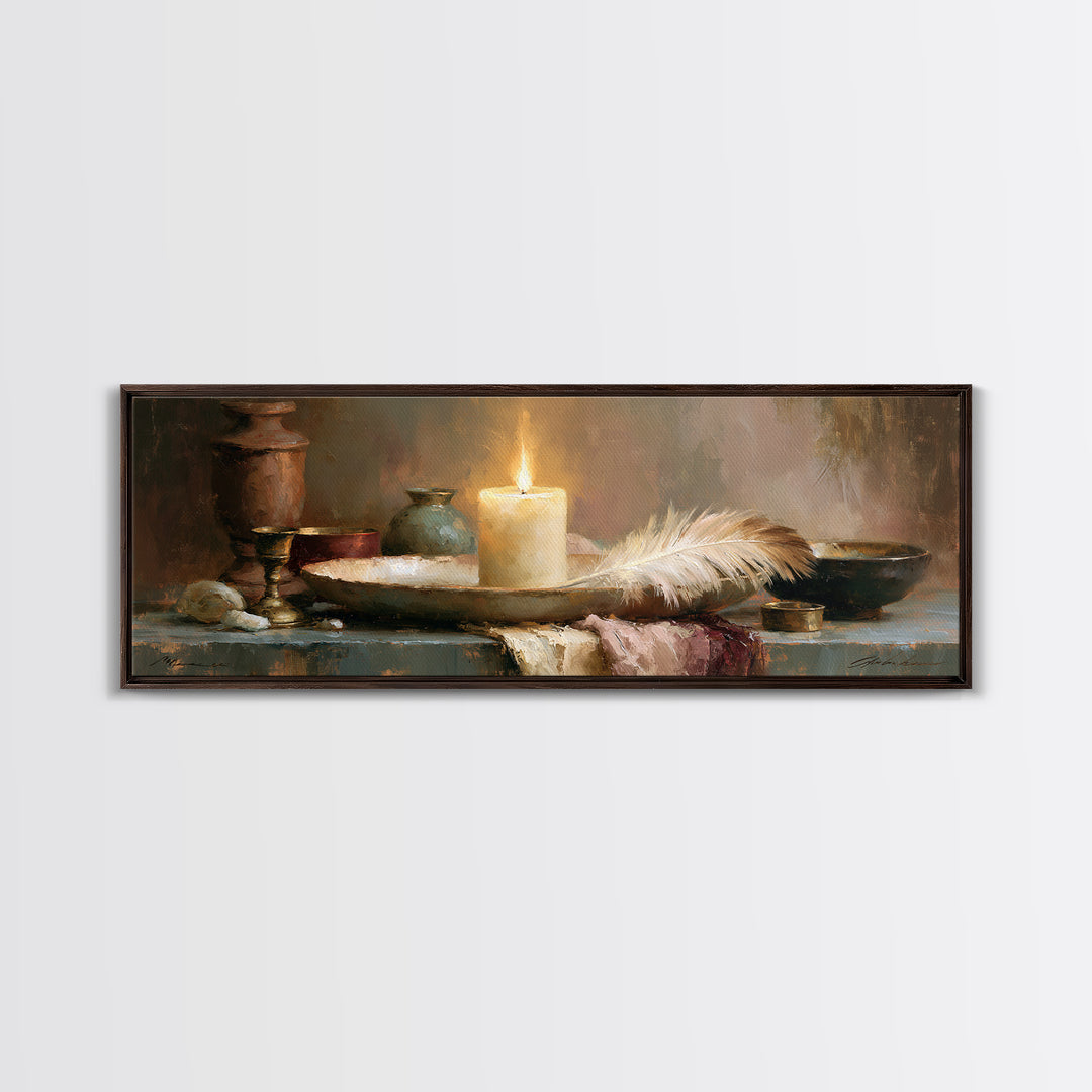 Candle and Feather Still Life Framed Canvas Print, Spiritual Art, Textured Painting, Living Room Decor, Fine Art, Spirit, SPI-3x1-60