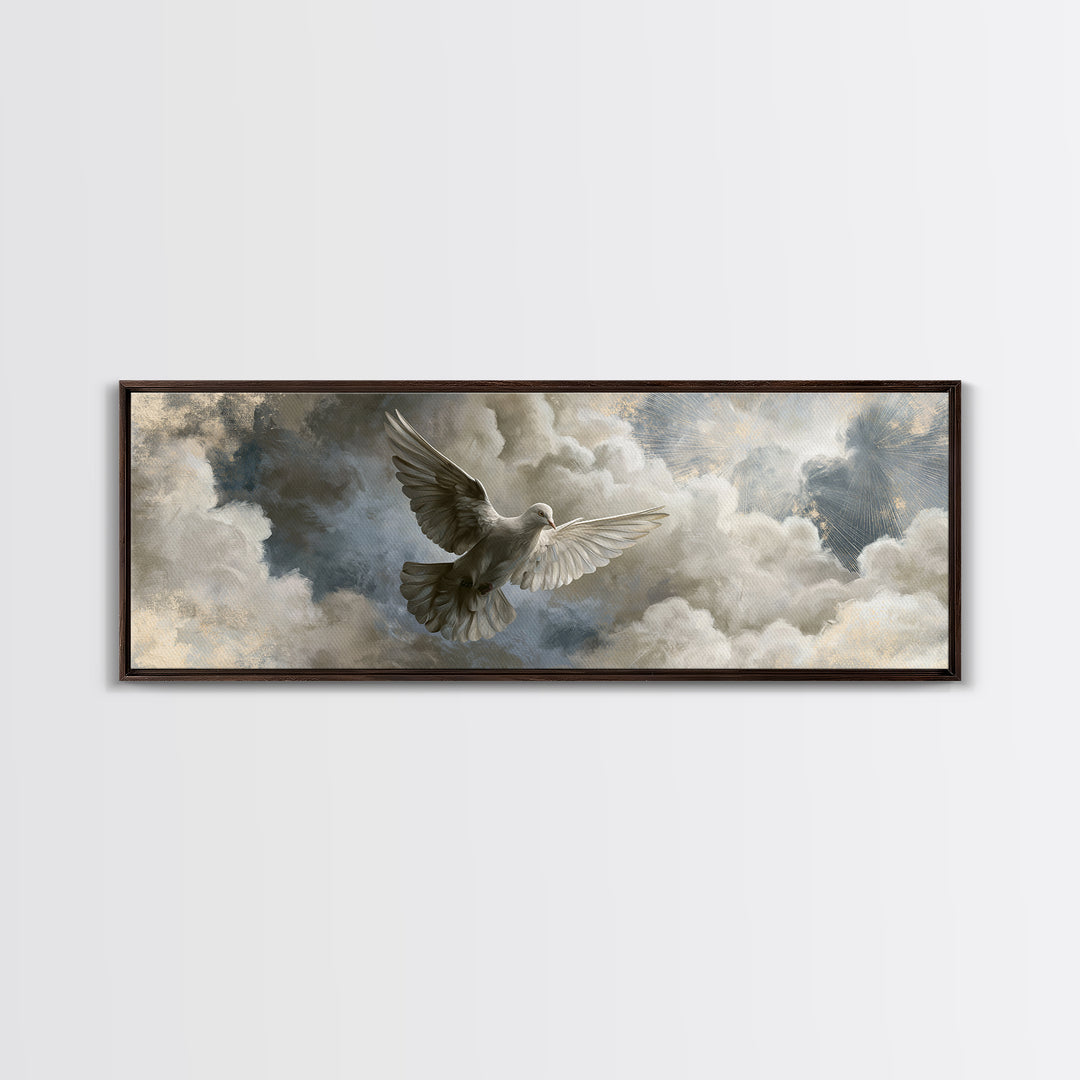 Dove Flying Through Radiant Clouds Framed Canvas Print, Spiritual Art, Art, Living Room Decor, Spirit, Canvas Wall Art, SPI-3x1-69