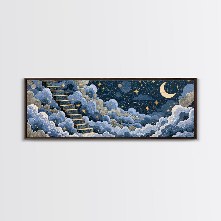 Celestial Staircase Through Clouds Framed Canvas Print, Spiritual Art, Wall Art, Living Room Decor, Fine Art, Spirit, SPI-3x1-81