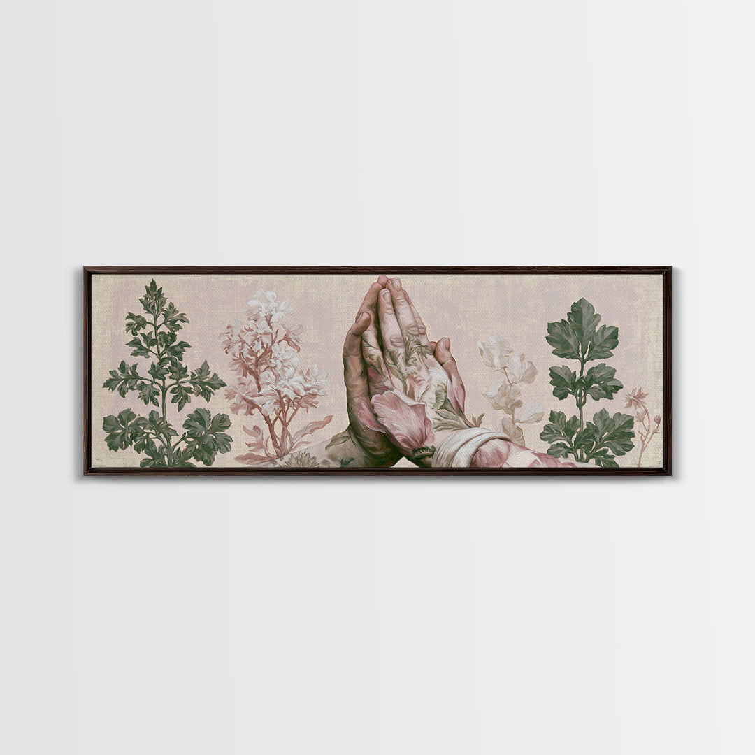 Prayer Hands with Botanical Details Canvas Print, Spiritual Art, Printable, Living Room Decor, Watercolor Art, Spirit, SPI-3x1-97