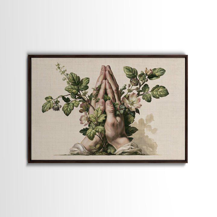 Prayer Hands with Botanical Details Framed Canvas Print, Spiritual Art, Living Room Decor, Watercolor Art, Spirit, SPI-3x2-13