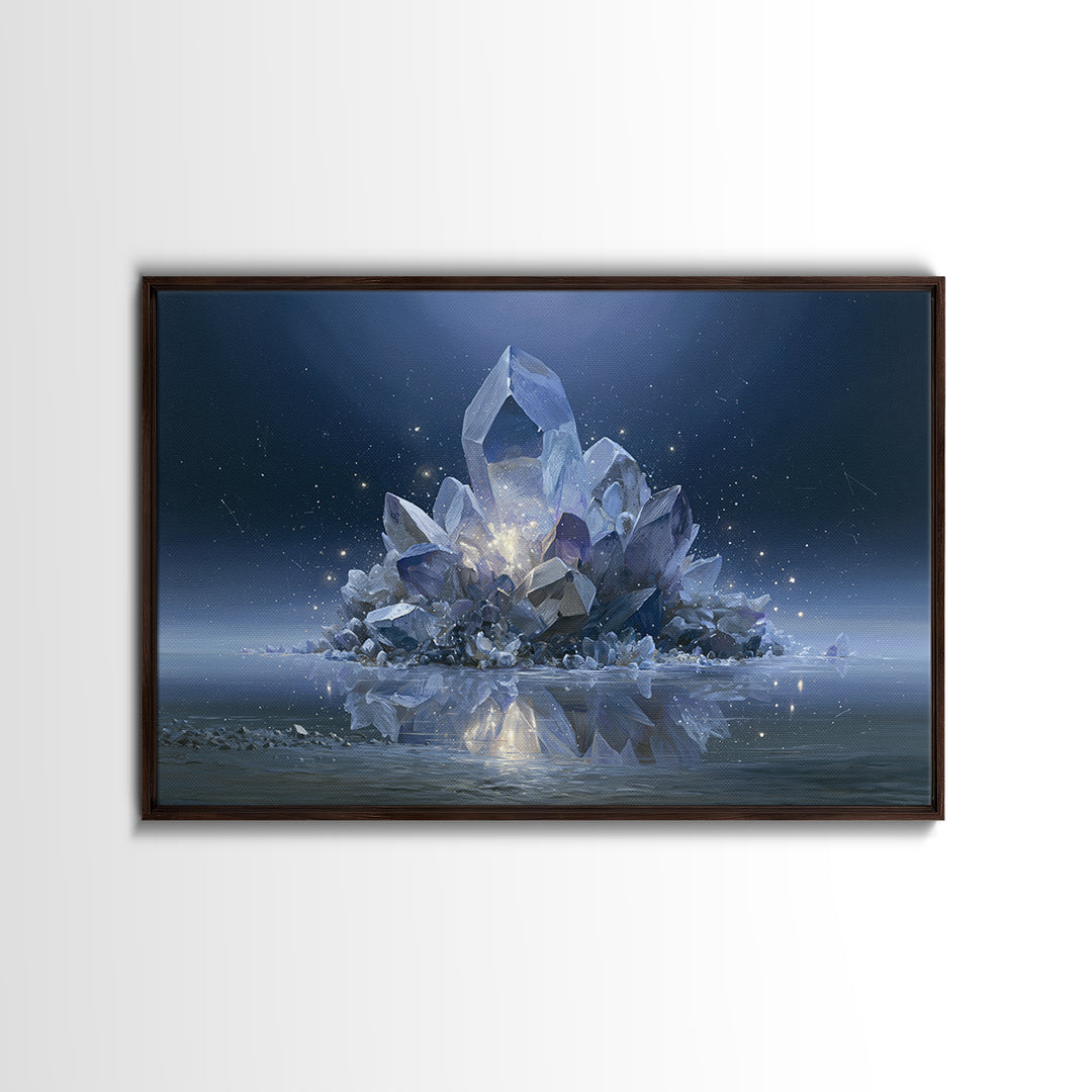 Crystal Cluster with Moonlight Reflections Framed Canvas Print, Spiritual Art, Living Room Decor, Watercolor Art, Spirit, SPI-3x2-41