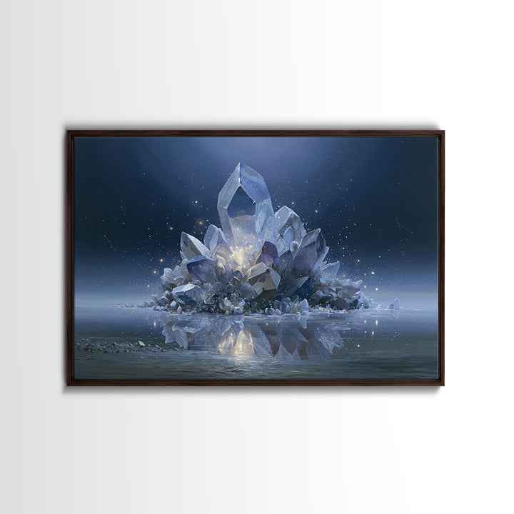 Crystal Cluster with Moonlight Reflections Framed Canvas Print, Spiritual Art, Living Room Decor, Watercolor Art, Spirit, SPI-3x2-41