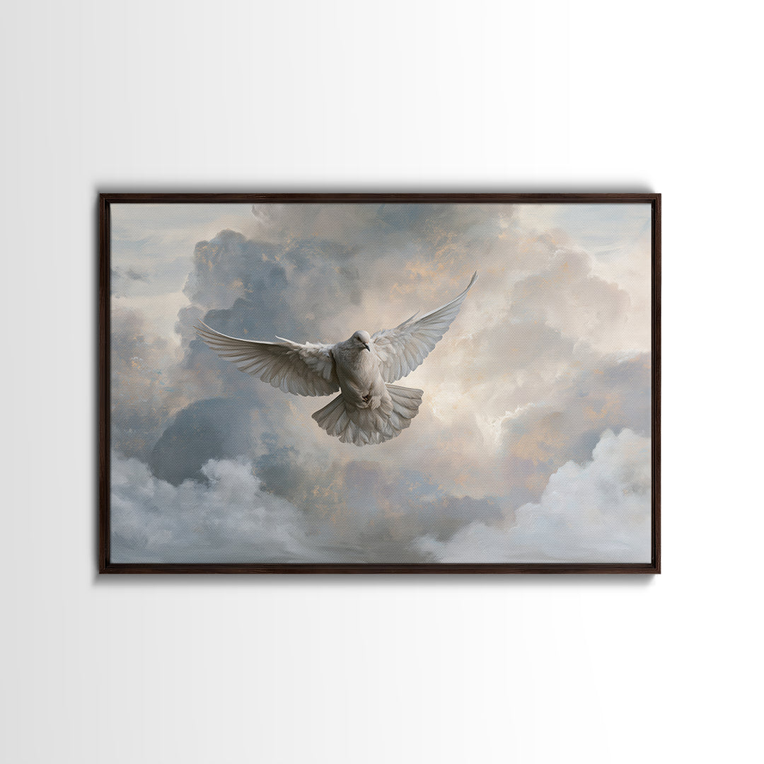 Dove Flying Through Radiant Clouds Canvas Print, Spiritual Art, Poster, Living Room Decor, Fine Art, Spirit, Framed Wall Art, SPI-3x2-57