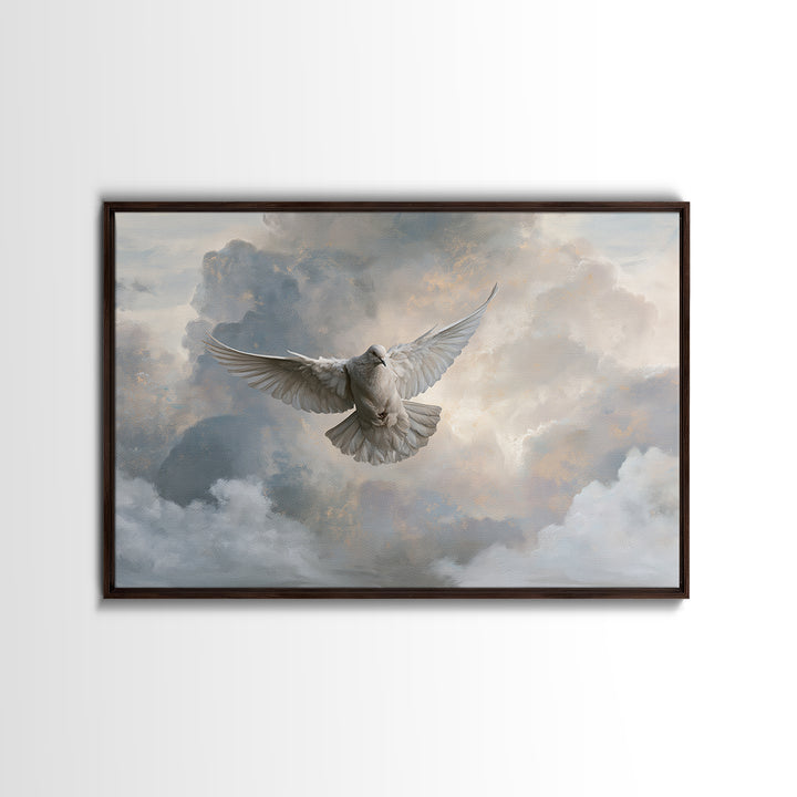Dove Flying Through Radiant Clouds Canvas Print, Spiritual Art, Poster, Living Room Decor, Fine Art, Spirit, Framed Wall Art, SPI-3x2-57