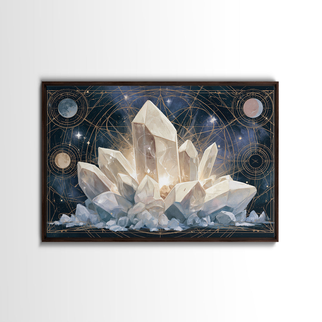Crystal Cluster with Moonlight Reflections Framed Canvas Print, Spiritual Art, Living Room Decor, Watercolor Art, Spirit, SPI-3x2-65