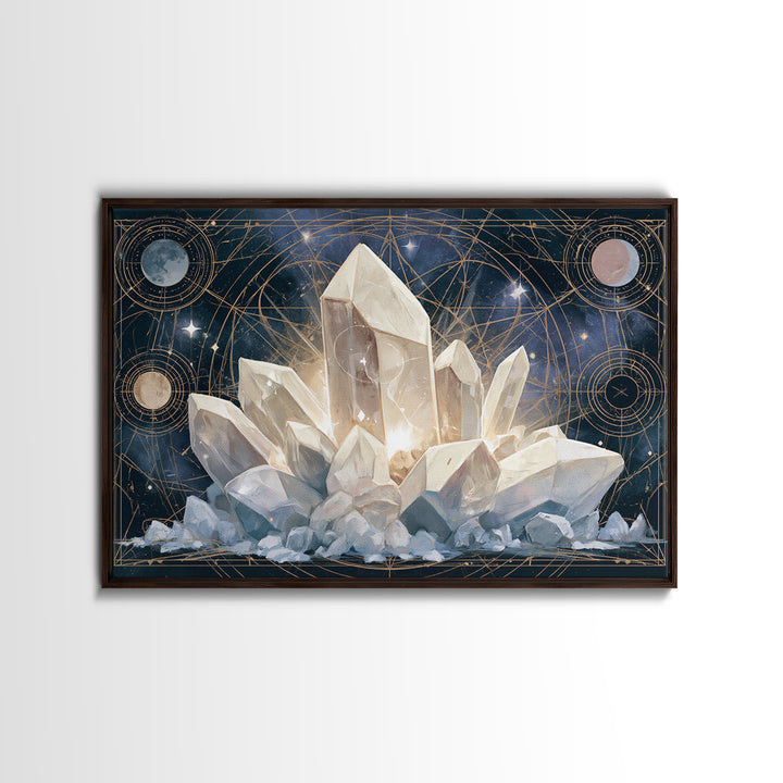 Crystal Cluster with Moonlight Reflections Framed Canvas Print, Spiritual Art, Living Room Decor, Watercolor Art, Spirit, SPI-3x2-65