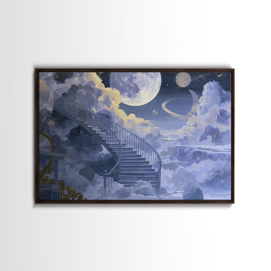 Celestial Staircase Through Clouds Framed Canvas Print, Spiritual Art, Room Decor, Living Room Decor, Fine Art, Spirit, SPI-3x2-69