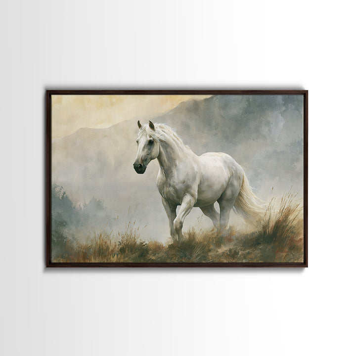 White Horse in Misty Sacred Landscape Framed Canvas Print, Spiritual Art, Boho Decor, Living Room Decor, Fine Art, Spirit, SPI-3x2-86