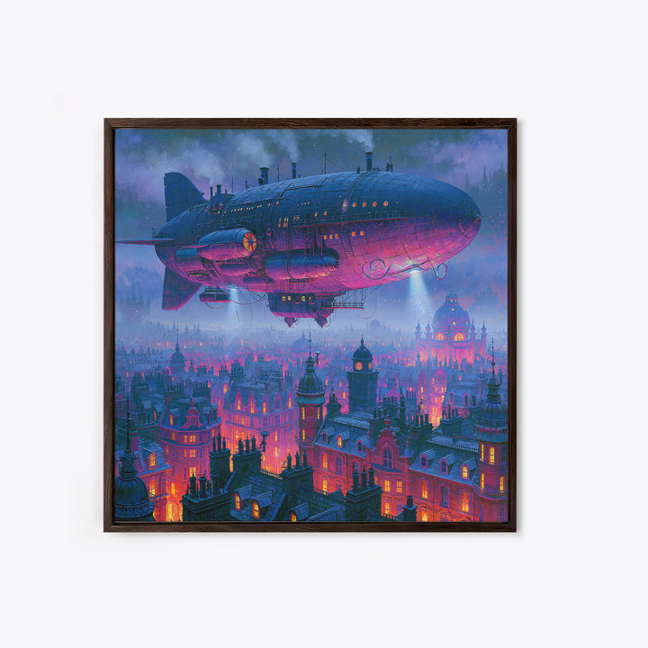 Airship Floating Above Victorian City Roofs Framed Canvas Print, Steampunk Art, Modern Art, Living Room Decor, Mechanic, STE-1x1-2