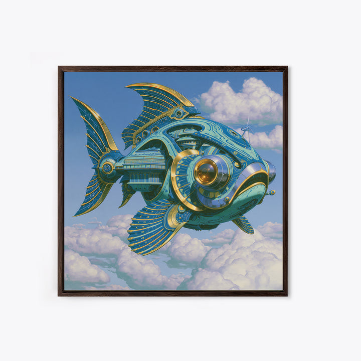 Mechanical Fish Swimming Through Clouds Canvas Print, Steampunk Art, Cat Art, Living Room Decor, Oil Painting, Mechanic, STE-1x1-22