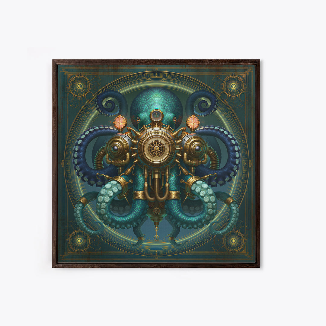 Steampunk Octopus with Brass Tentacles Framed Canvas Print, Steampunk Art, Textured Painting, Living Room Decor, Mechanic, STE-1x1-29