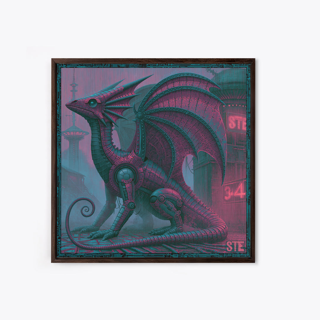 Copper Dragon with Riveted Wings Framed Canvas Print, Steampunk Art, Abstract Art Print, Living Room Decor, Watercolor Art, STE-1x1-34