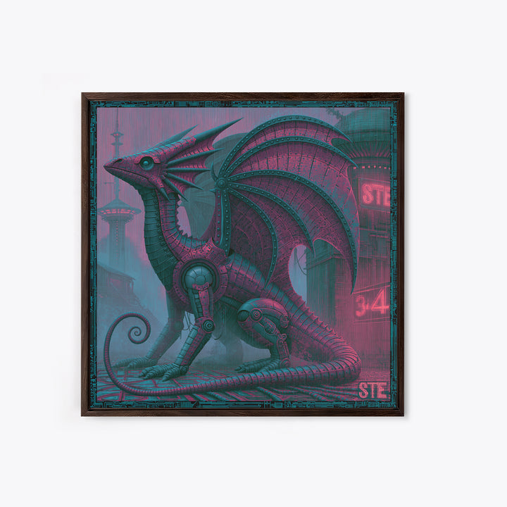 Copper Dragon with Riveted Wings Framed Canvas Print, Steampunk Art, Abstract Art Print, Living Room Decor, Watercolor Art, STE-1x1-34