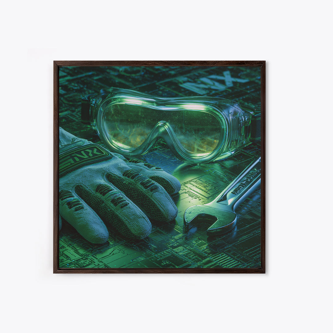 Goggles Gloves and Wrench Still Life Framed Canvas Print, Steampunk Art, Boho Wall Art, Living Room Decor, Fine Art, Mechanic, STE-1x1-47