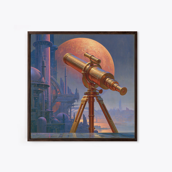 Brass Telescope Aimed at Copper Moon Framed Canvas Print, Steampunk Art, Wall Decor, Living Room Decor, Fine Art, Mechanic, STE-1x1-48