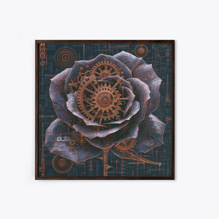 Mechanical Rose Made of Copper Gears Framed Canvas Print, Steampunk Art, Dark Art, Living Room Decor, Oil Painting, Mechanic, STE-1x1-51