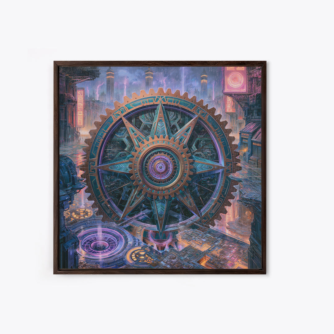 Cogwheel Mandala in Bronze and Teal Framed Canvas Print, Steampunk Art, Wall Art Print, Living Room Decor, Fine Art, Mechanic, STE-1x1-64