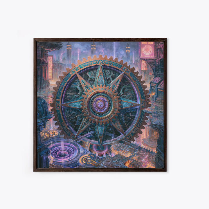 Cogwheel Mandala in Bronze and Teal Framed Canvas Print, Steampunk Art, Wall Art Print, Living Room Decor, Fine Art, Mechanic, STE-1x1-64