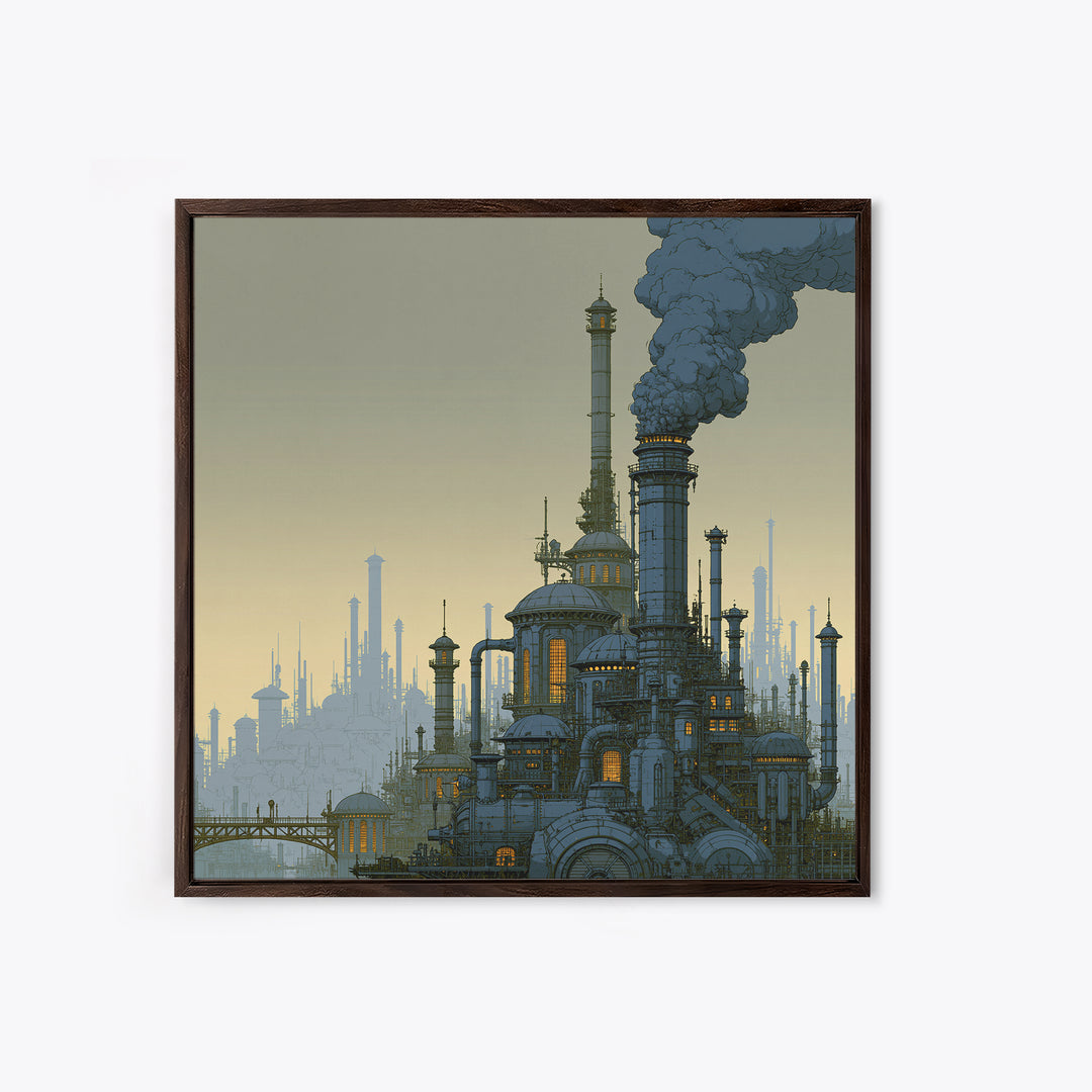 Steam Powered City Skyline Canvas Print, Steampunk Art, Luxury Decor, Living Room Decor, Abstract Art, Mechanic, STE-1x1-69
