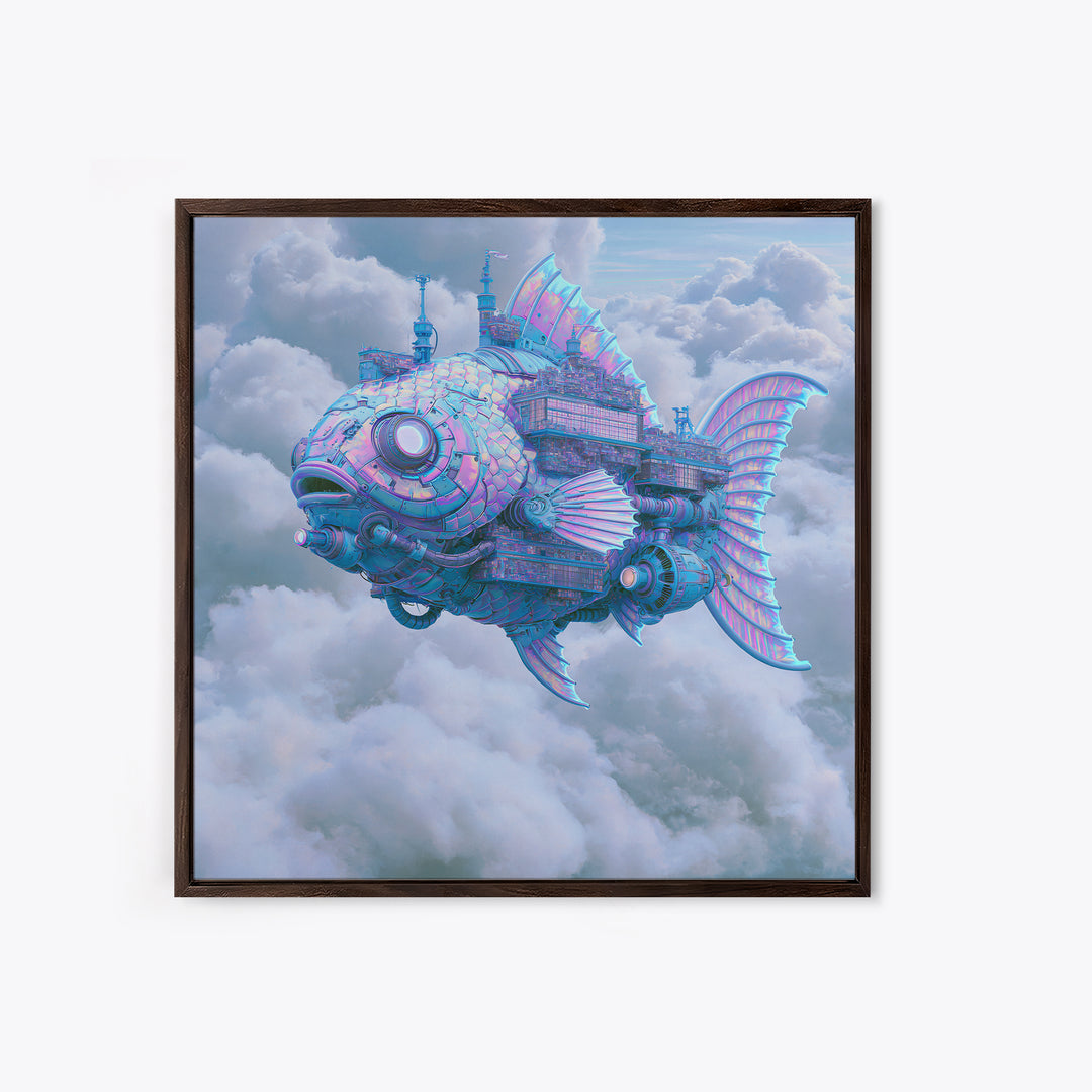 Mechanical Fish Swimming Through Clouds Framed Canvas Print, Steampunk Art, Steampunk Decor, Living Room Decor, Mechanic, STE-1x1-70